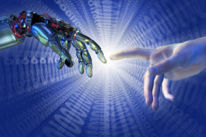 Robot and human hands almost touching with a binary burst of light - 3D render with digital painting. A modern take on the famous Michelangelo painting in the Sistine Chapel; titled, "The Creation of Adam".